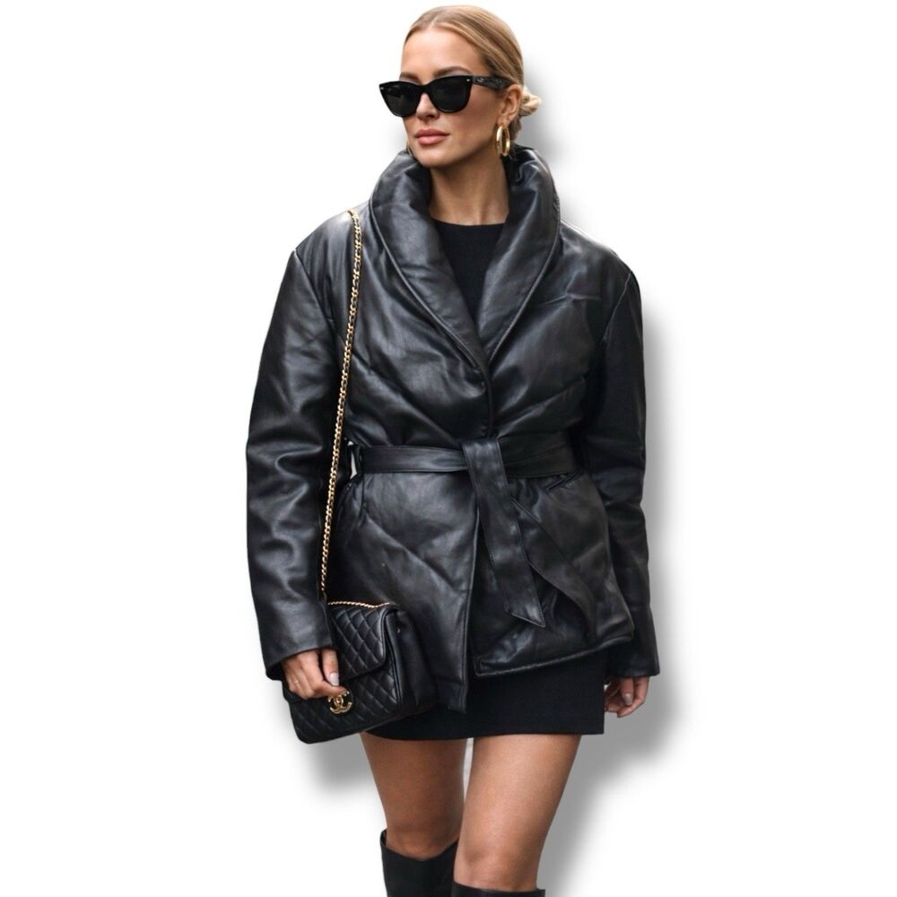 Blank NYC Black Faux Leather‎ Shawl Collar Belted Puffer Jacket